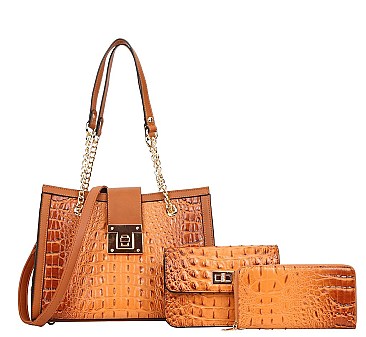 3 IN 1 Croc Chained Satchel - Cross-Body Set With Wallet