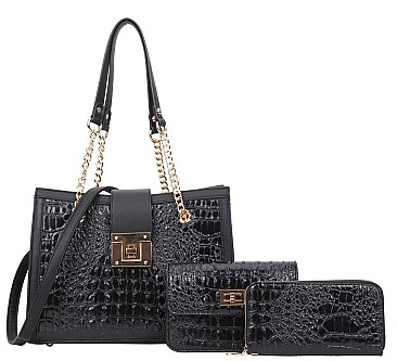 3 IN 1 Croc Chained Satchel - Cross-Body Set With Wallet