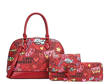 Graffiti HEART-LOVE Print 3-Pieces Set Dome Satchel