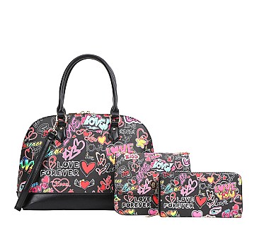 Graffiti HEART-LOVE Print 3-Pieces Set Dome Satchel