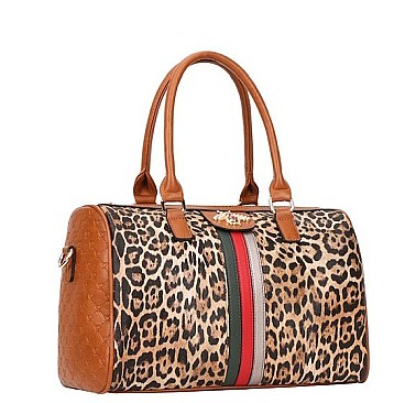 Bee Accented Leopard Print Boston Satchel Wallet Set