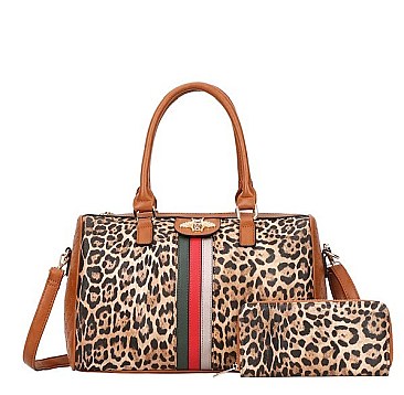 Bee Accented Leopard Print Boston Satchel Wallet Set