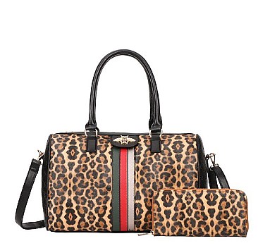 Bee Accented Leopard Print Boston Satchel Wallet Set