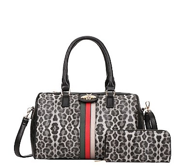 Bee Accented Leopard Print Boston Satchel Wallet Set