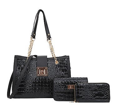 3 IN 1 Croc Chained Satchel - Cross-Body & Wallet Set