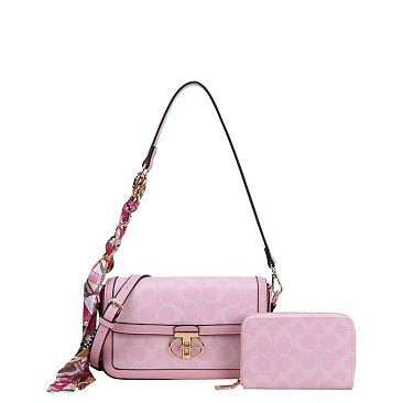 Scarfed Oval Print Shoulder Bag & Wallet Set pink 