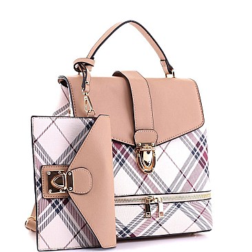 2 in 1 Plaid Checker Convertible Backpack Satchel