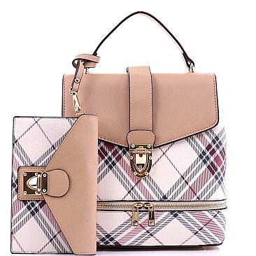 2 in 1 Plaid Checker Convertible Backpack Satchel