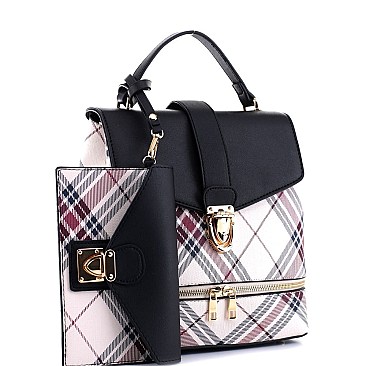 2 in 1 Plaid Checker Convertible Backpack Satchel