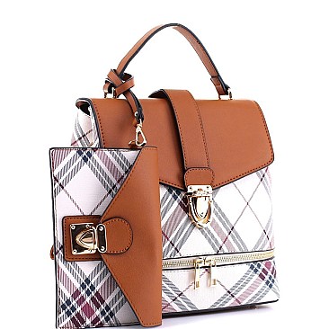 2 in 1 Plaid Checker Convertible Backpack Satchel