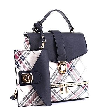 2 in 1 Plaid Checker Convertible Backpack Satchel