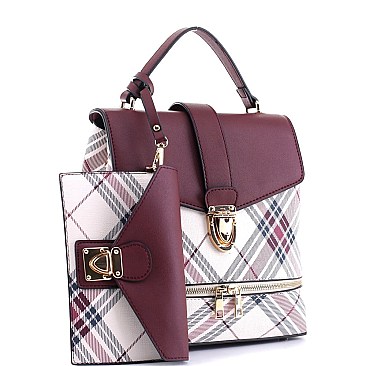 2 in 1 Plaid Checker Convertible Backpack Satchel