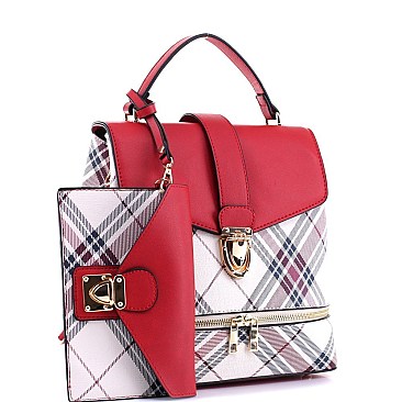 2 in 1 Plaid Checker Convertible Backpack Satchel