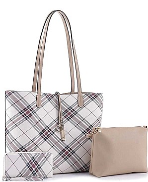 3 IN 1 STYLISH PLAID CROSS DESIGN SHOPPER BAG SET