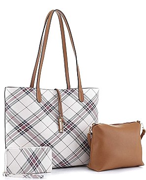 3 IN 1 STYLISH PLAID CROSS DESIGN SHOPPER BAG SET