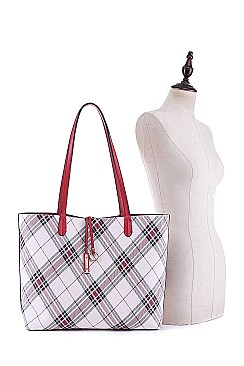 3 IN 1 STYLISH PLAID CROSS DESIGN SHOPPER BAG SET