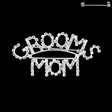 Wedding Novelty Rhinestone Text "GROOMS MOM" Brooch Pin SLPLM1001