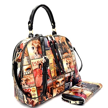 [S]PM004-1W-LP Magazine Print Double-Compartment Satchel Wallet SET