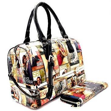 [S]PM007-1W-LP Magazine Print Bottom Compartment Satchel Wallet SET