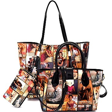 [S]PM0081W-LP Magazine Print 3 in 1 Patent Tote SET