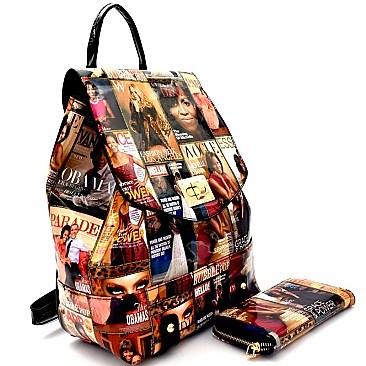 [S]PM009-1W-LP Magazine Print Patent Fashion Backpack Wallet