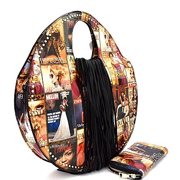 [S]PM013-1W-LP Magazine Print Fringed Round Satchel Wallet SET