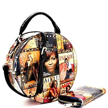 [S]PM014-1W-LP Magazine Print Studded Round Satchel Wallet SET