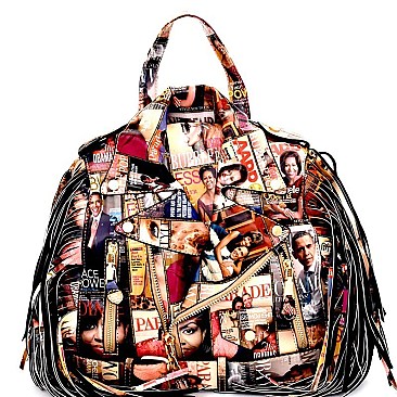 Obama Fringed Magazine Print Moto Theme Satchel Backpack