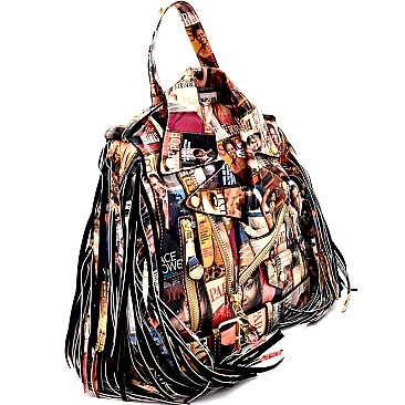 Obama Fringed Magazine Print Moto Theme Satchel Backpack