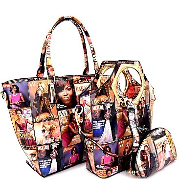 PM021-LP Magazine Print 3 in 1 Handle Satchel Tote SET