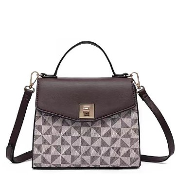 Triangle Checkered Monogram Twist Lock Flap Satchel