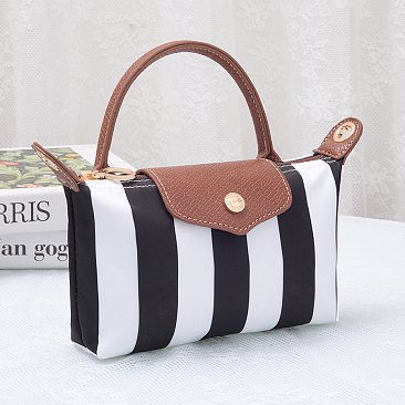 Striped Nylon Flap Satchel Crossbody Bag
