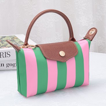 Striped Nylon Flap Satchel Crossbody Bag