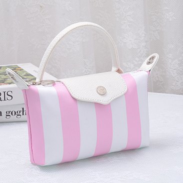 Striped Nylon Flap Satchel Crossbody Bag