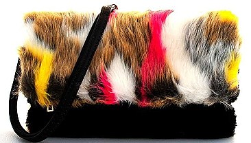 FASHION SOFT MULTI FUR CLUTCH WITH LONG STRAP