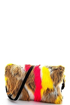 FASHION SOFT MULTI FUR CLUTCH WITH LONG STRAP