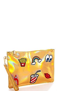 FASHION GLOSSY CUTE PATCH WORK CLUTCH WITH HAND STRAP