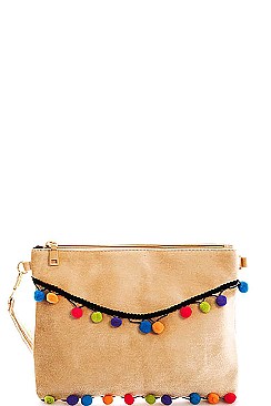 Puff Ball Details Lovely Clutch with Two Straps