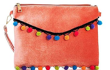 Puff Ball Details Lovely Clutch with Two Straps