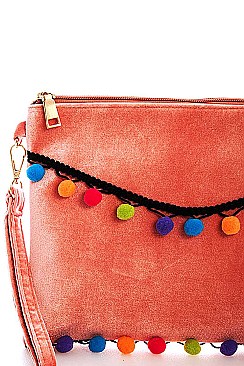 Puff Ball Details Lovely Clutch with Two Straps