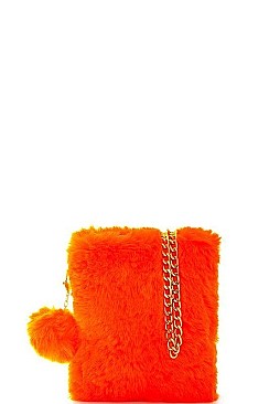 SOFT FUR CROSSBODY CLUTCH WITH POMPOM CHARM