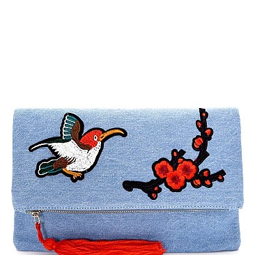 PPC5467-LP Flower Bird Embroidery Denim Fold-Over Clutch