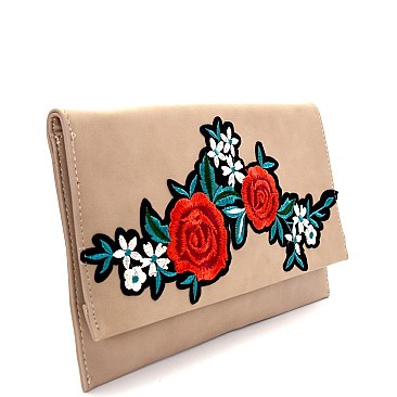 Flower Embroidered Flap Clutch