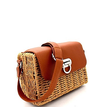 Structured Flip Lock Straw Flap Shoulder Bag Cross Body