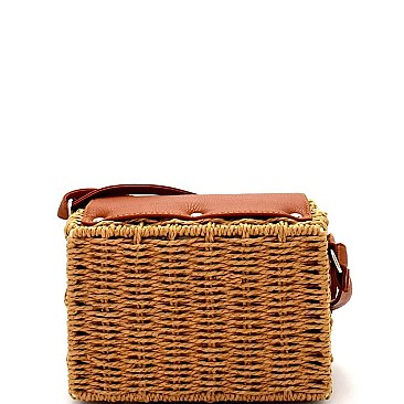 Structured Flip Lock Straw Flap Shoulder Bag Cross Body