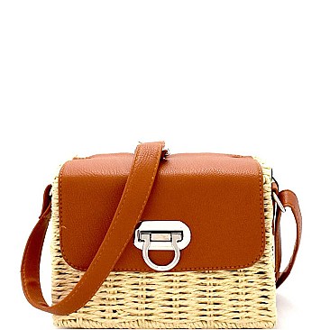 Flip Lock Structured Straw Flap Shoulder Bag Cross Body