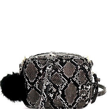 Pom Pom Accent Snake Print Shoulder Bag WHOLESALE