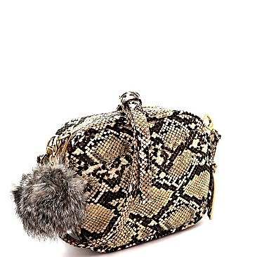 Pom Pom Accent Snake Print Shoulder Bag WHOLESALE