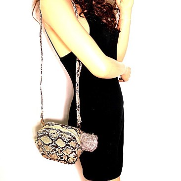 Pom Pom Accent Snake Print Shoulder Bag WHOLESALE