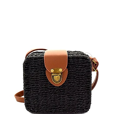 Woven Bamboo Push-Lock Boxy Crossbody Shoulder Bag MH-PPC5926